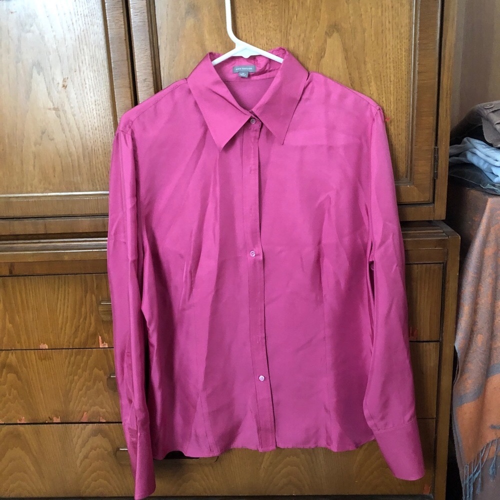 Silk Ann Taylor Blouse Elegant Berry Pink Matte Silk Twill Blouse Top XL